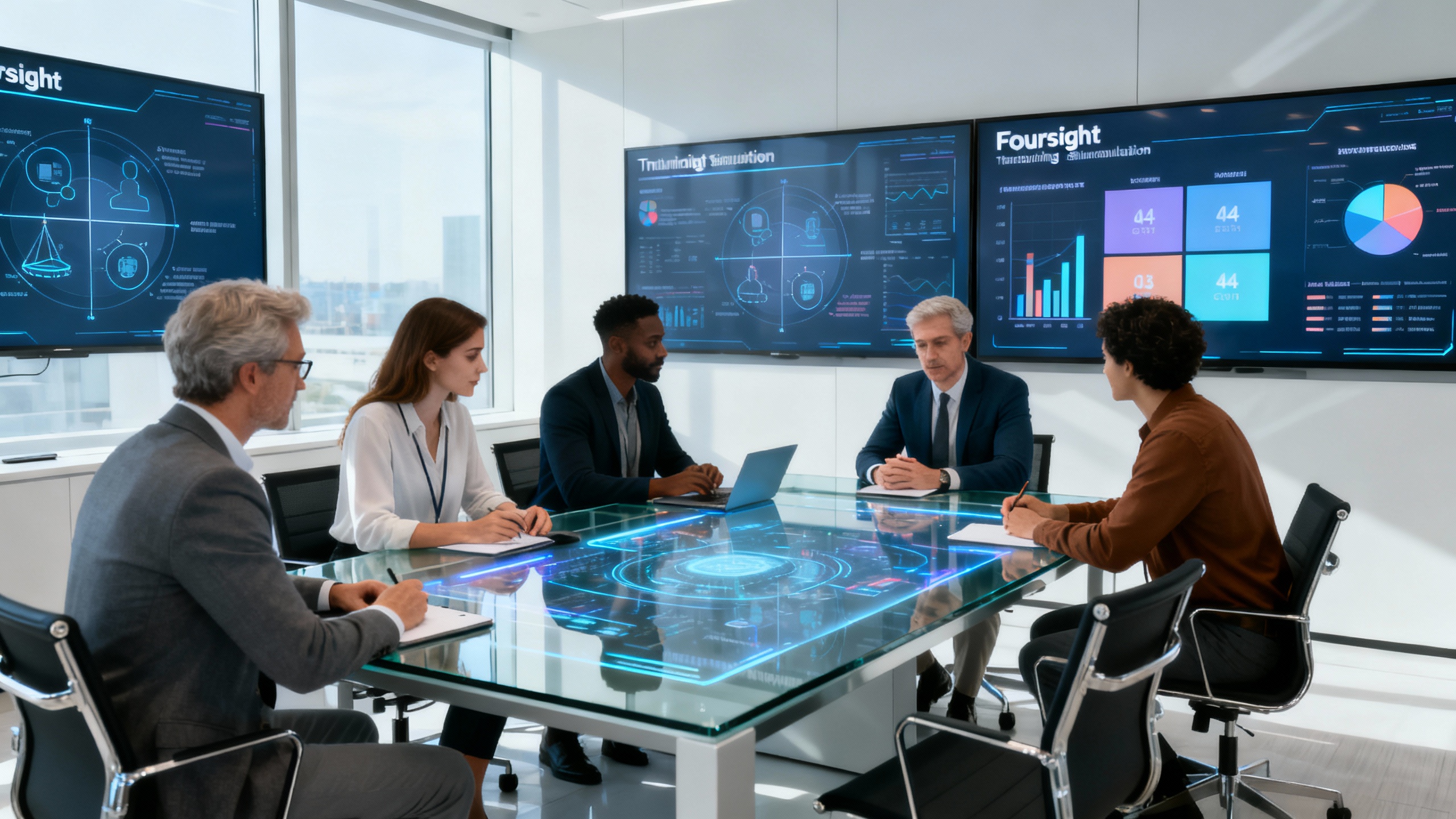Foursight thinking simulation - Modern corporate office meeting room with a diverse team collaborating around a glass interactive table, digital screens on walls displaying Foursight thinking simulation charts and four-quadrant metrics, bright natural lighting, professional business atmosphere
