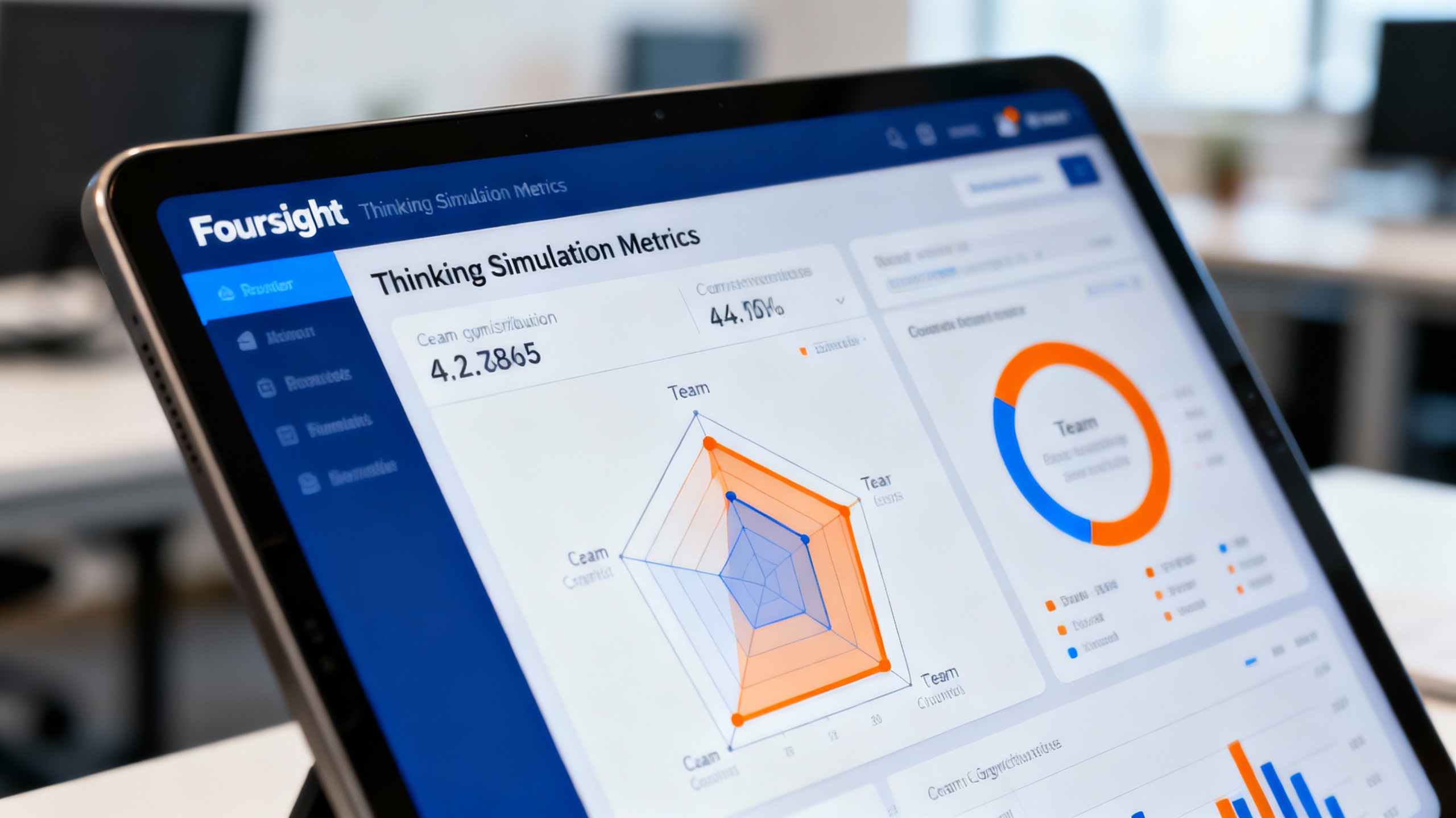 Foursight thinking simulation - Close-up of a sleek software dashboard interface on a tablet displaying Foursight thinking simulation metrics, distinct blue and orange data visualization graphs showing team cognitive distribution, clean modern UI design, blurred office background