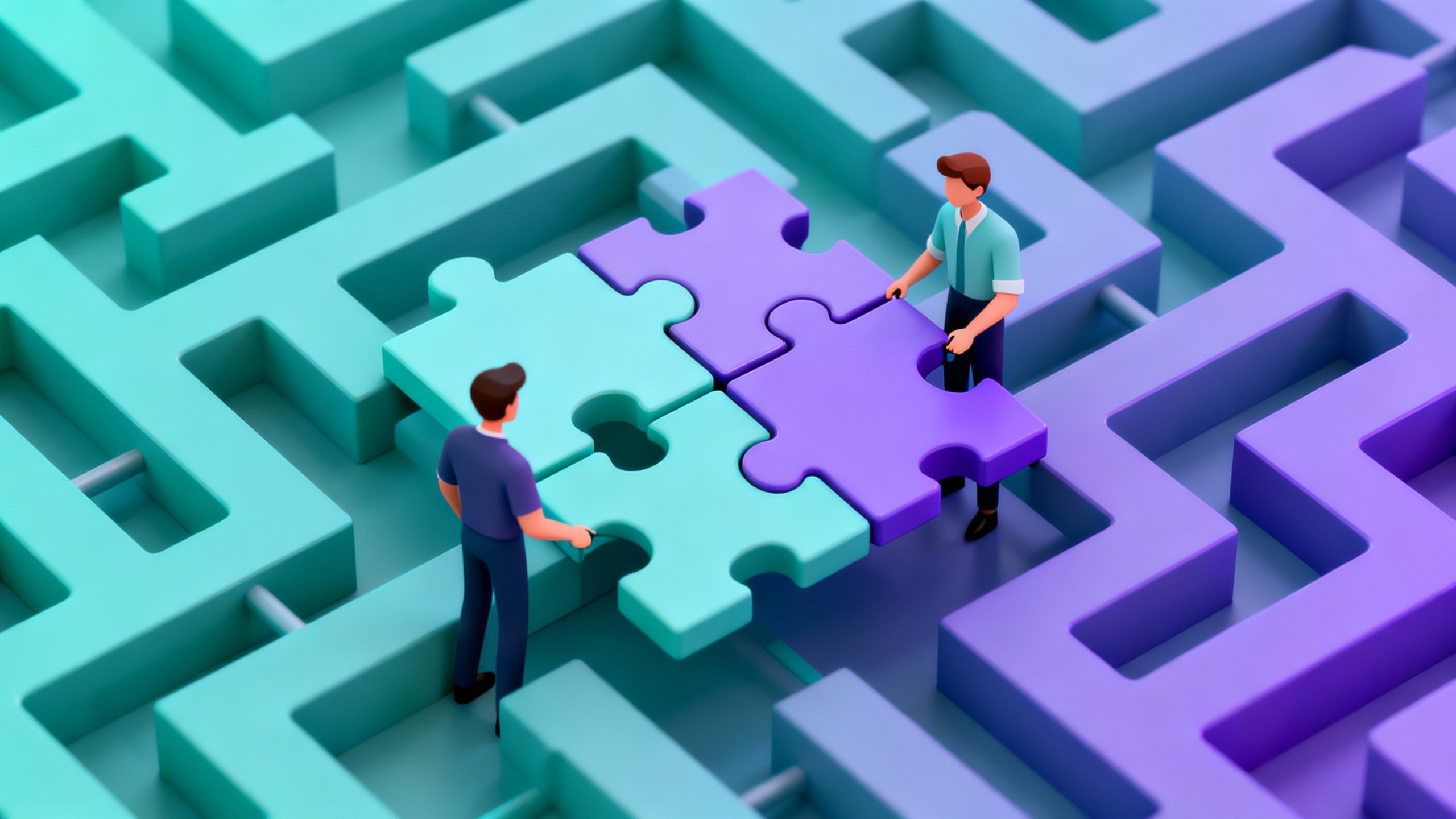problem-solving games for team building - Isometric illustration of a problem-solving workflow, featuring stylized 3D avatars connecting puzzle pieces and navigating a maze, representing teamwork and strategy, teal and purple gradient color scheme, clean digital art style