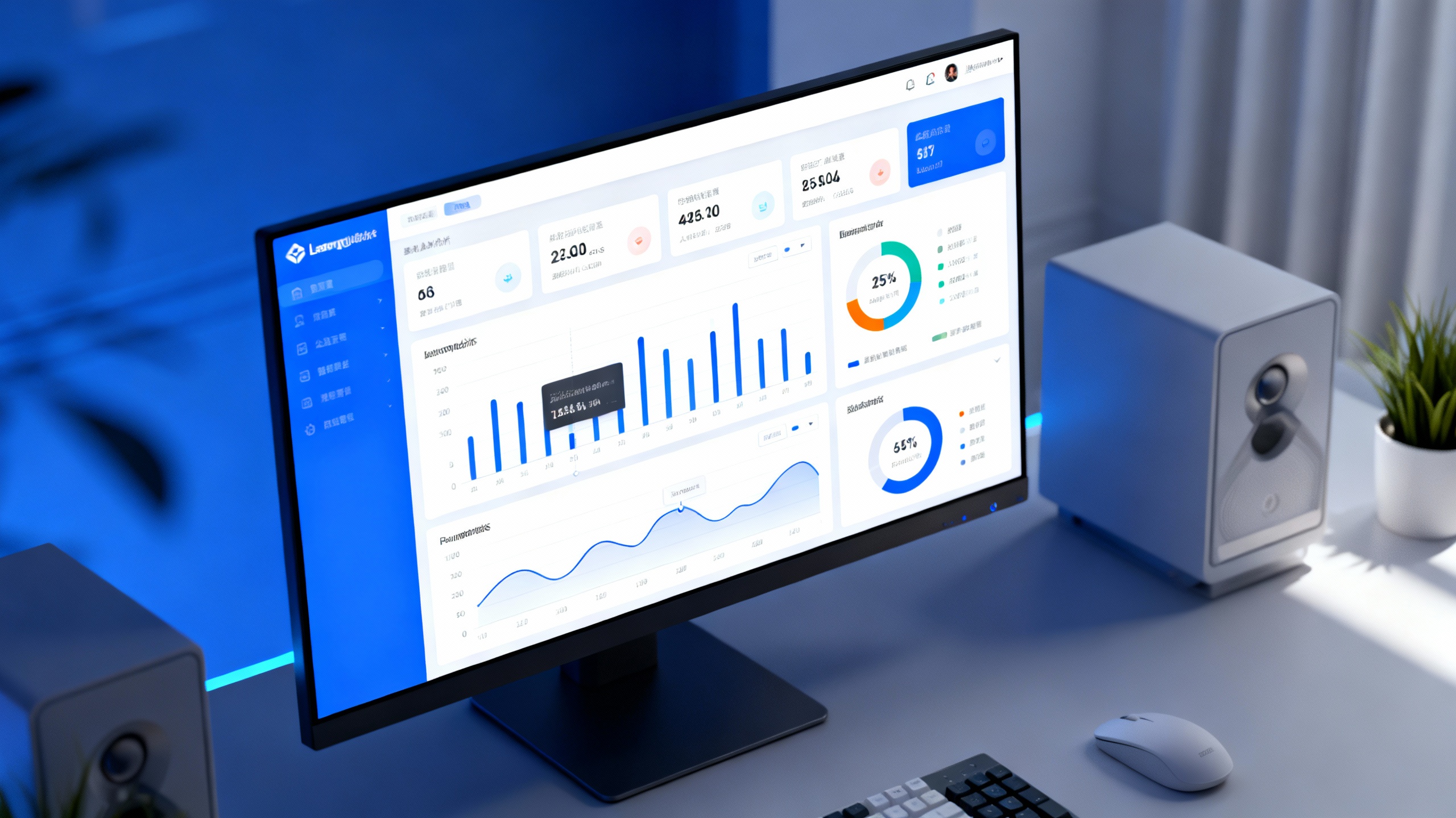 experiential learning courses - Close-up sleek software interface displaying learning metrics and progress dashboard on a monitor, clean modern UI with blue and white color scheme, charts and graphs on screen, minimalist design