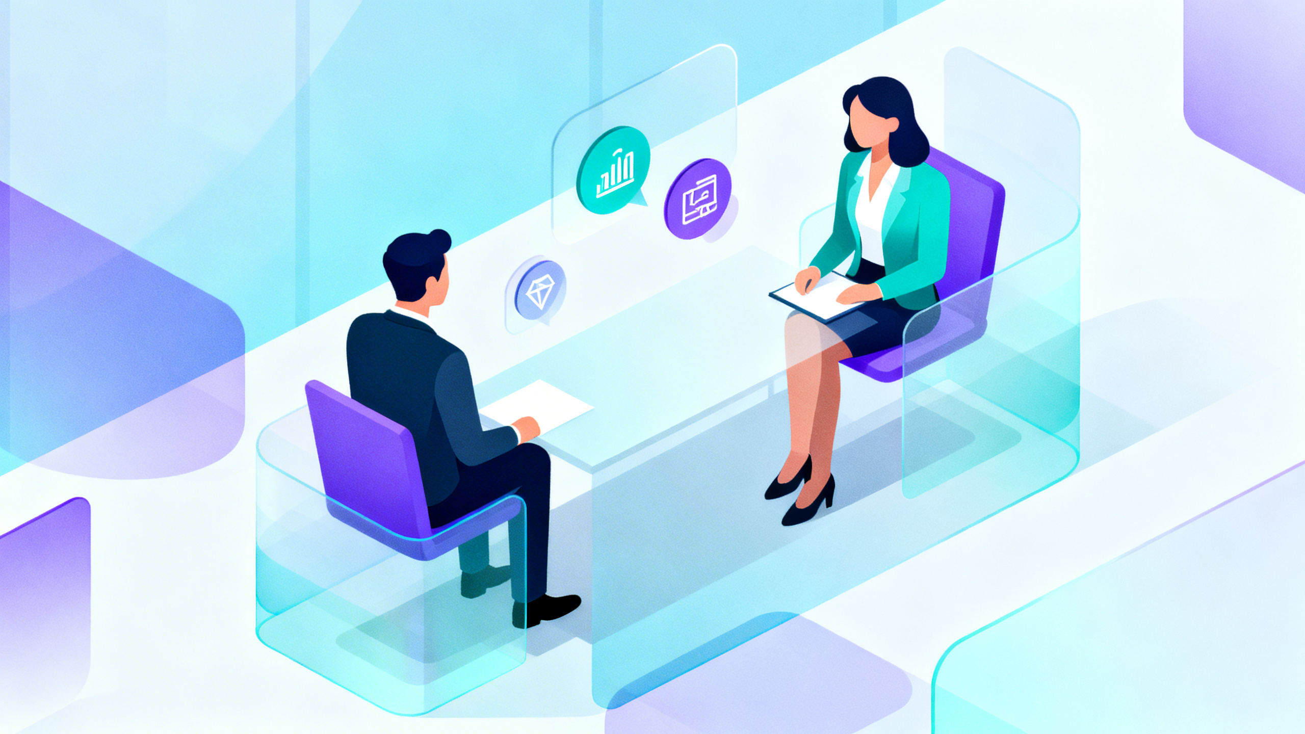 how does perception affect communication - Isometric illustration visualizing how perception affects communication, two professionals seated across from each other with layered translucent shapes, light gradients, and abstract icons floating between speaker and listener, blue teal and purple palette, clean modern corporate design