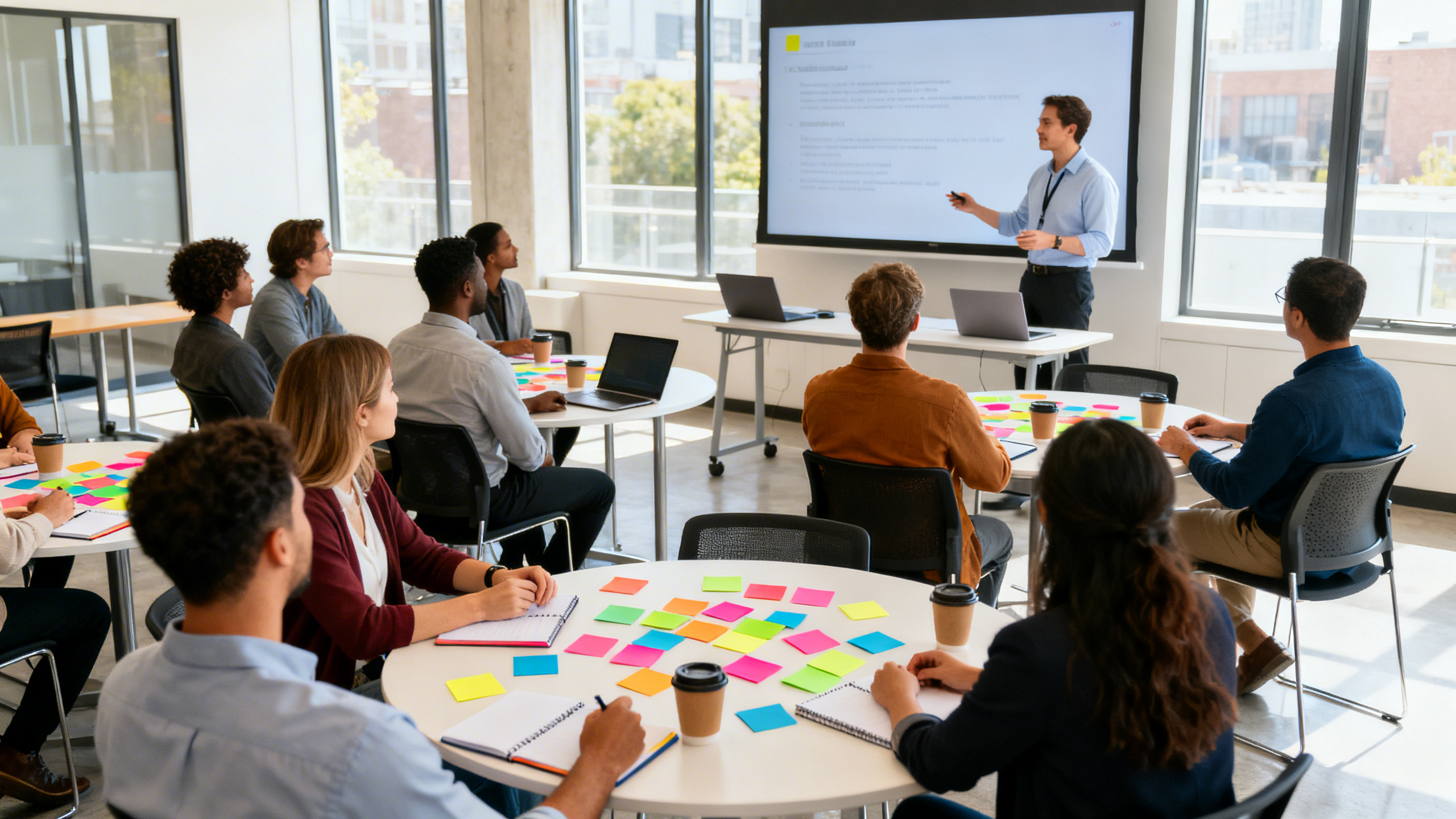 fun training ideas for staff - Modern corporate training workshop in a bright office, diverse staff seated at round tables with colorful sticky notes and notebooks, facilitator presenting at the front, laptops and coffee cups on tables, energetic professional atmosphere with natural daylight