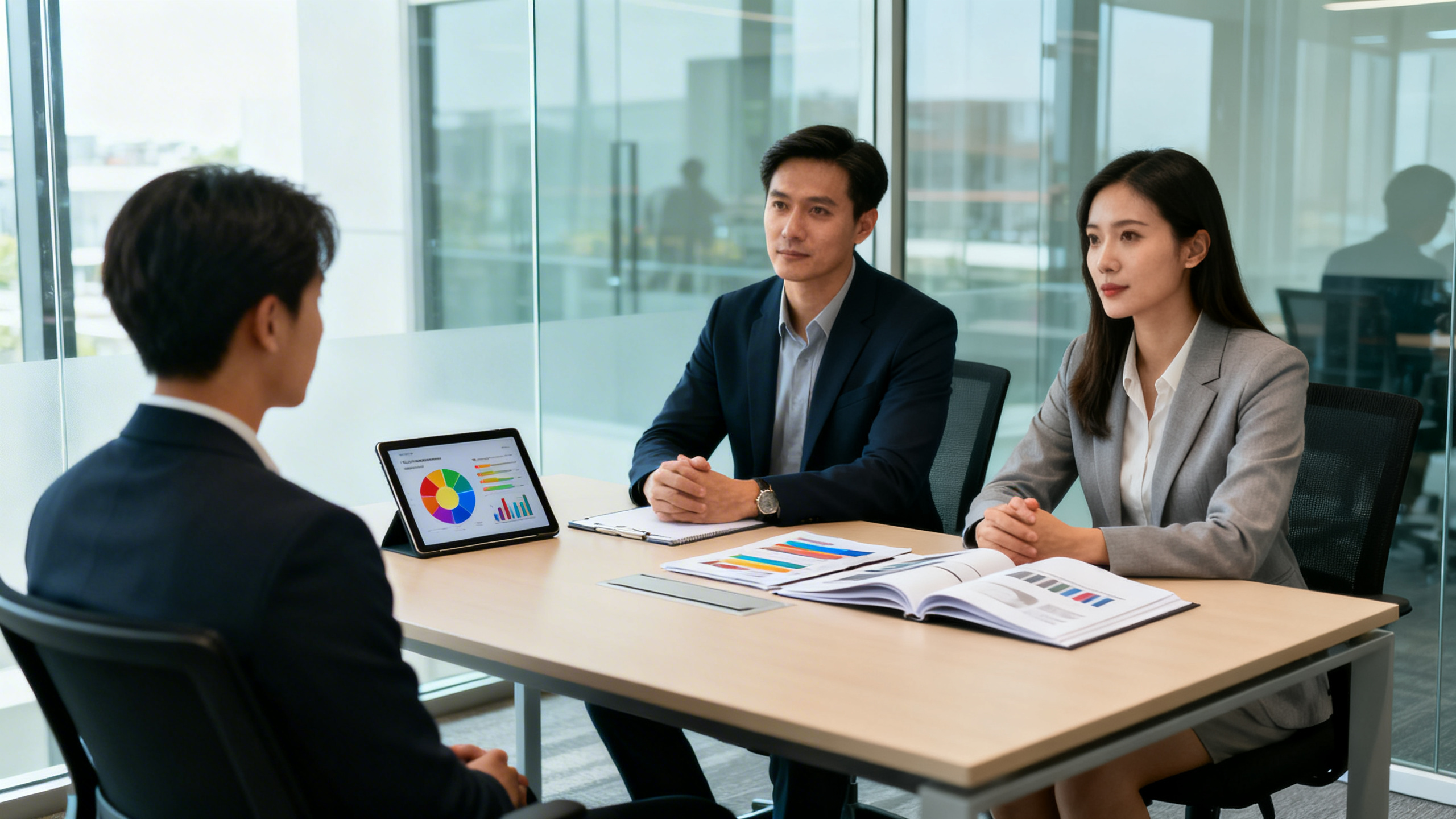 interpersonal skills selection criteria - Hiring interview scene with two interviewers and one candidate in a glass-walled meeting room, open portfolio on table, tablet displaying colorful candidate evaluation charts, calm professional expressions, modern office interior, realistic business photography