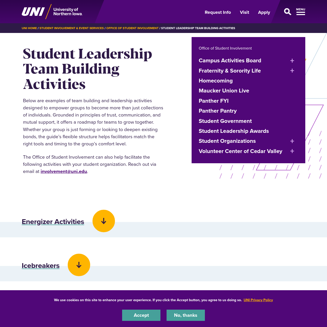 Student Leadership Team Building Activities | Student Involvement & Event Services interface